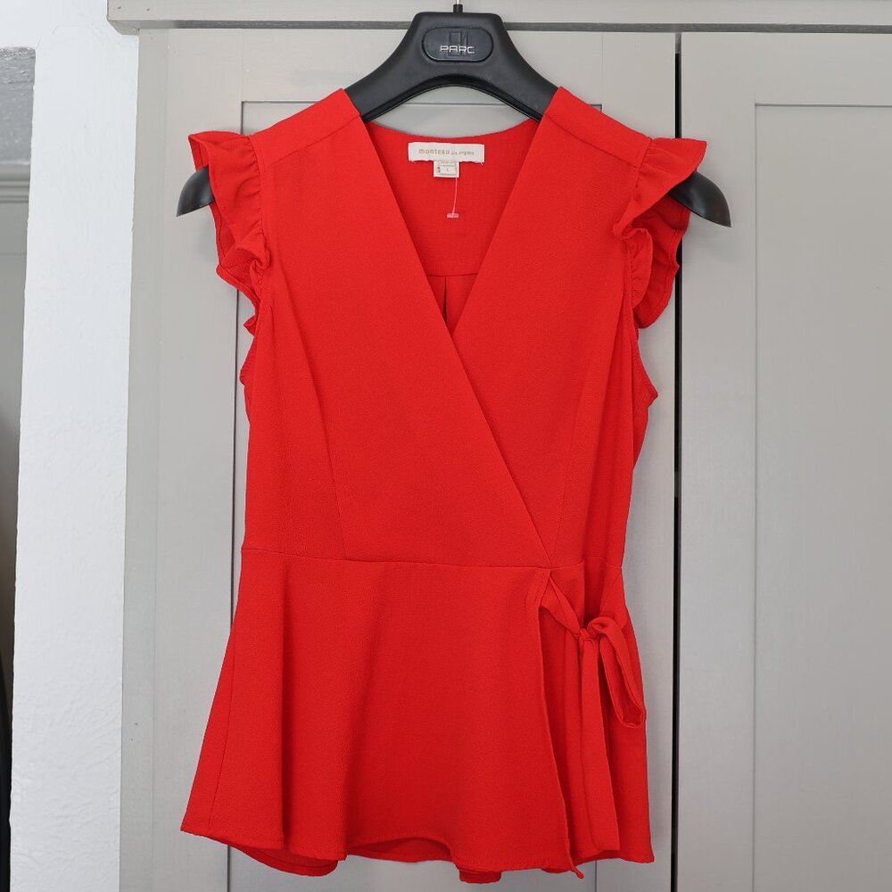Monteau Los Angeles Red Ruffle Sleeve Top – Size Large